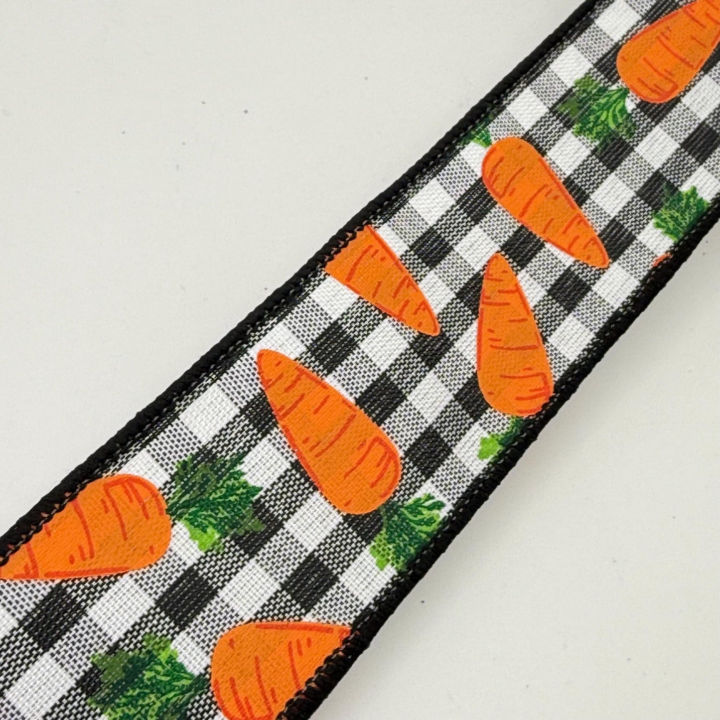 Carrot Wired Ribbon: 1.5" x 10yd, Easter Wreath Supply, Black and White Checkered Easter Ribbon with Orange Carrots, Easter Bow Ribbon