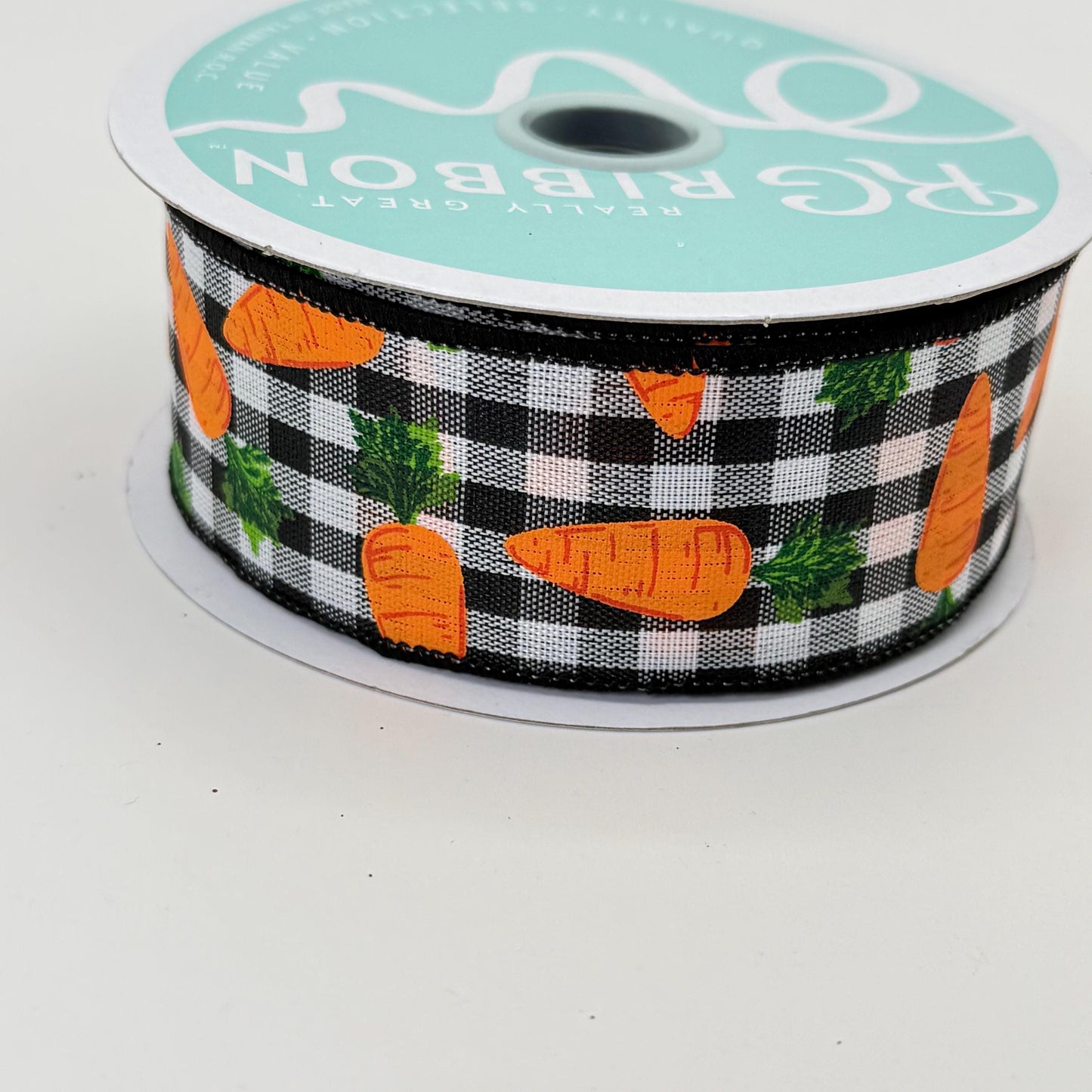 Carrot Wired Ribbon: 1.5" x 10yd, Easter Wreath Supply, Black and White Checkered Easter Ribbon with Orange Carrots, Easter Bow Ribbon