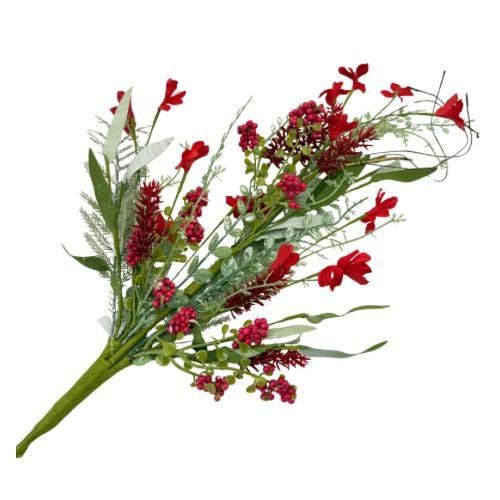 24"L Fabric Flower/EVA Leaf/Beads Spray: Red, Patriotic Greenery Stem, Christmas or Valentines Day Greenery Filler Bush, 60919, FH807124