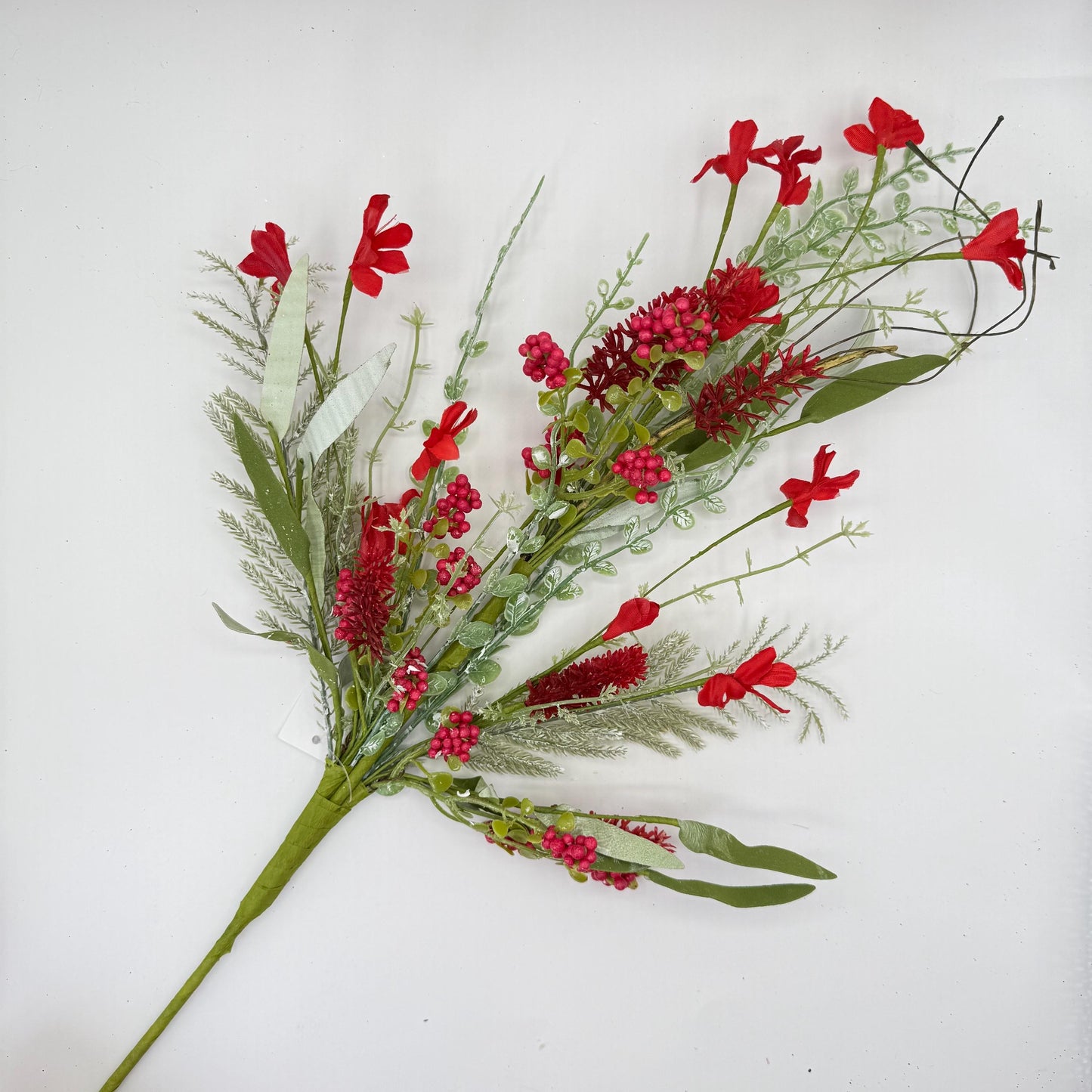 24"L Fabric Flower/EVA Leaf/Beads Spray: Red, Patriotic Greenery Stem, Christmas or Valentines Day Greenery Filler Bush, 60919, FH807124