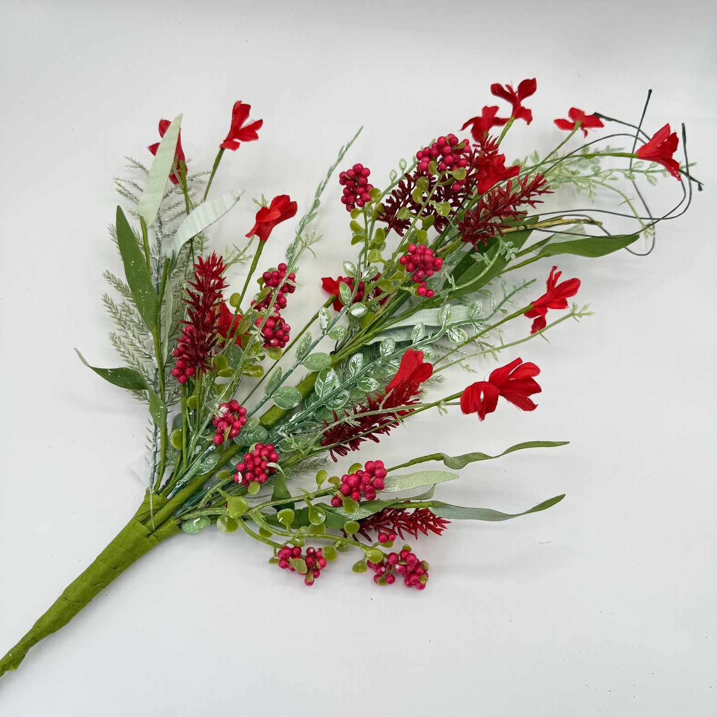 24"L Fabric Flower/EVA Leaf/Beads Spray: Red, Patriotic Greenery Stem, Christmas or Valentines Day Greenery Filler Bush, 60919, FH807124