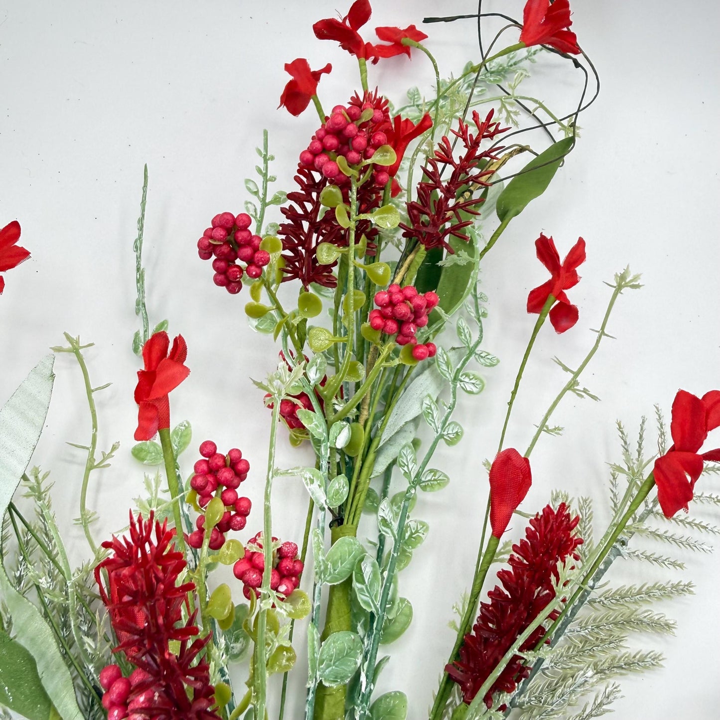 24"L Fabric Flower/EVA Leaf/Beads Spray: Red, Patriotic Greenery Stem, Christmas or Valentines Day Greenery Filler Bush, 60919, FH807124