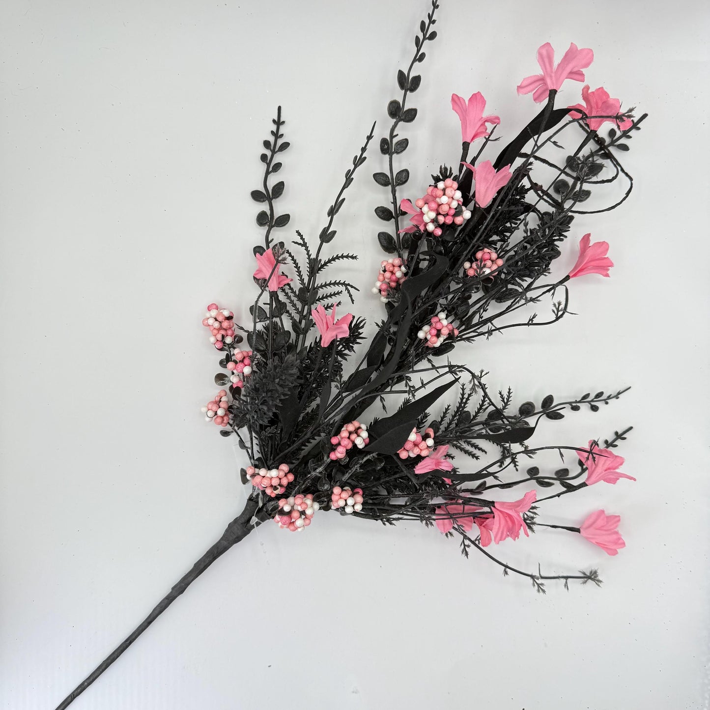 24"L Fabric Flower/EVA Leaf/Beads Spray: Black and Pink, Halloween Greenery Stem, Trendy Witch Pumpkin Greenery Filler Bush, 60919, FH807156