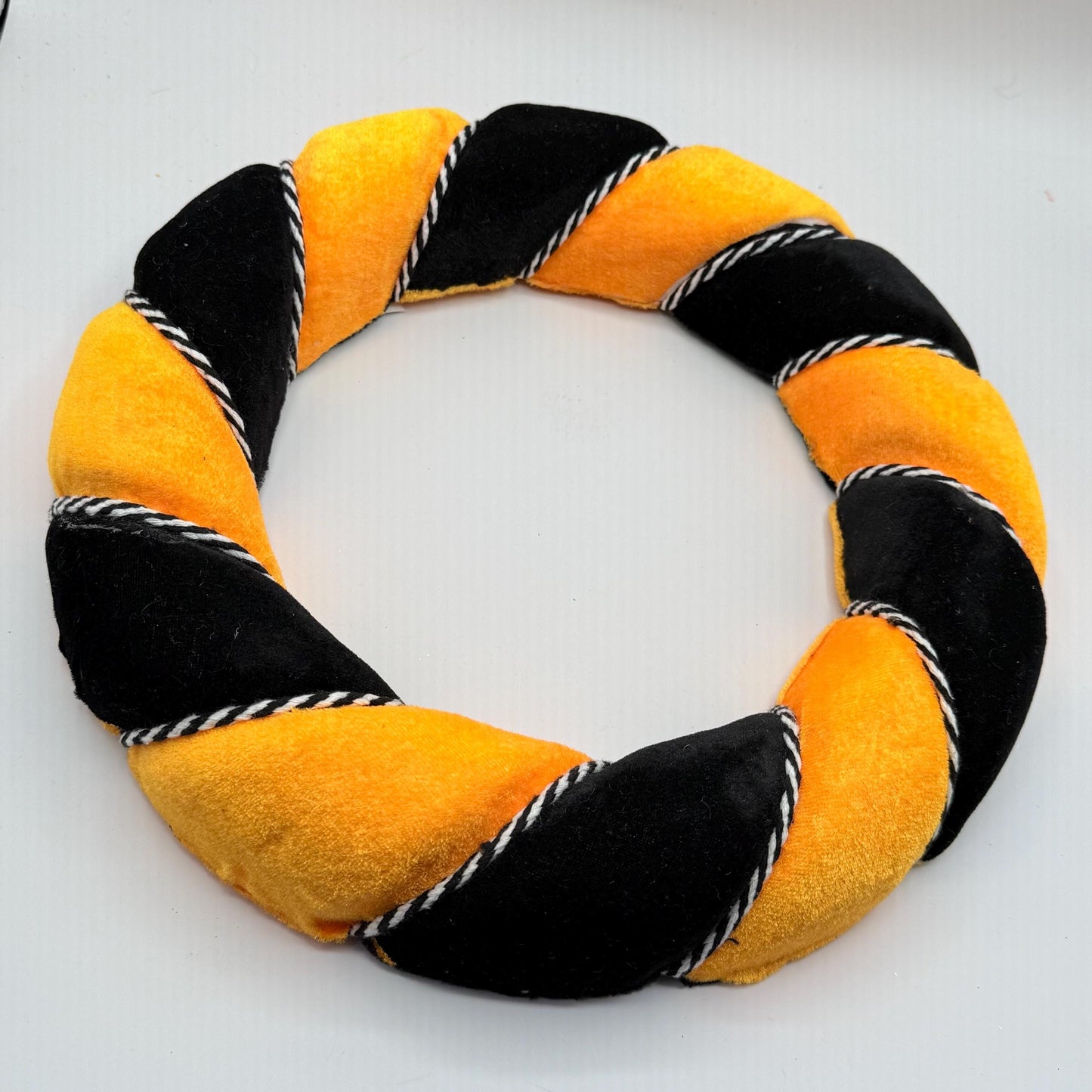 Orange and Black Halloween Wreath Form, 13” Velvety-Feel Fabric Wreath Ring with Black and White Cording, Halloween Wreath Ring, HH7458F4