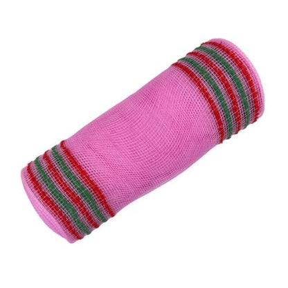 Pink Mesh with Red and Green Drift Edge Border 10.5” by 10 Yards, Wreathmaking Supplies, Trendy Christmas Tree Decorating Accent, RY8116R4