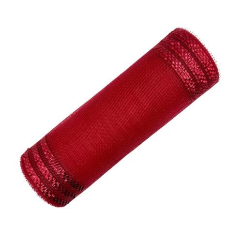 10” by 10 Yards Metallic Border Stripe Mesh: Red, Wreathmaking Supplies, Christmas Valentines or Patriotic Red Mesh Wreath Ribbon, RE850224