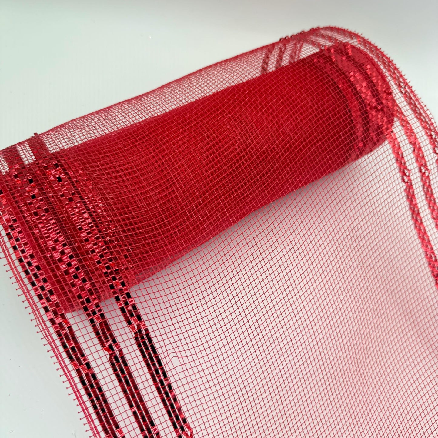 10” by 10 Yards Metallic Border Stripe Mesh: Red, Wreathmaking Supplies, Christmas Valentines or Patriotic Red Mesh Wreath Ribbon, RE850224