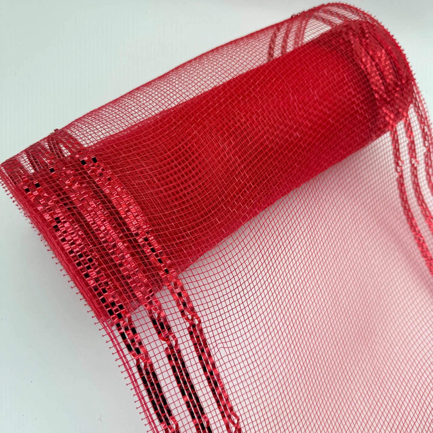 10” by 10 Yards Metallic Border Stripe Mesh: Red, Wreathmaking Supplies, Christmas Valentines or Patriotic Red Mesh Wreath Ribbon, RE850224