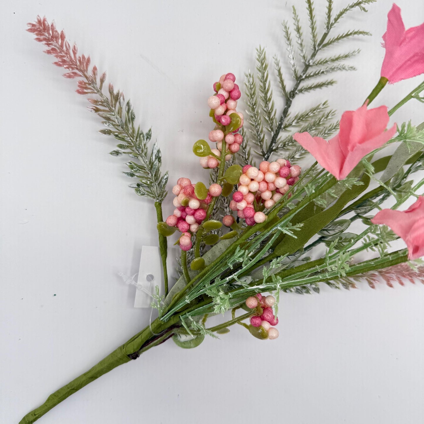 12"L Fabric Flower/EVA Leaf/Beads Pick: Pink, Pink Greenery Stem, Greenery Filler Bush with Leaves Buds Pink Berries, Mini 60919, FH812559