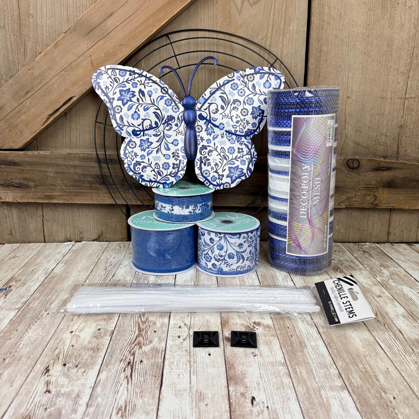 Chinoiserie Butterfly Thin Wreath Kit, DIY Mesh Wreath Kit, Do It Yourself Everyday Door Decor, Blue and White Chinoiserie Spring Front Door