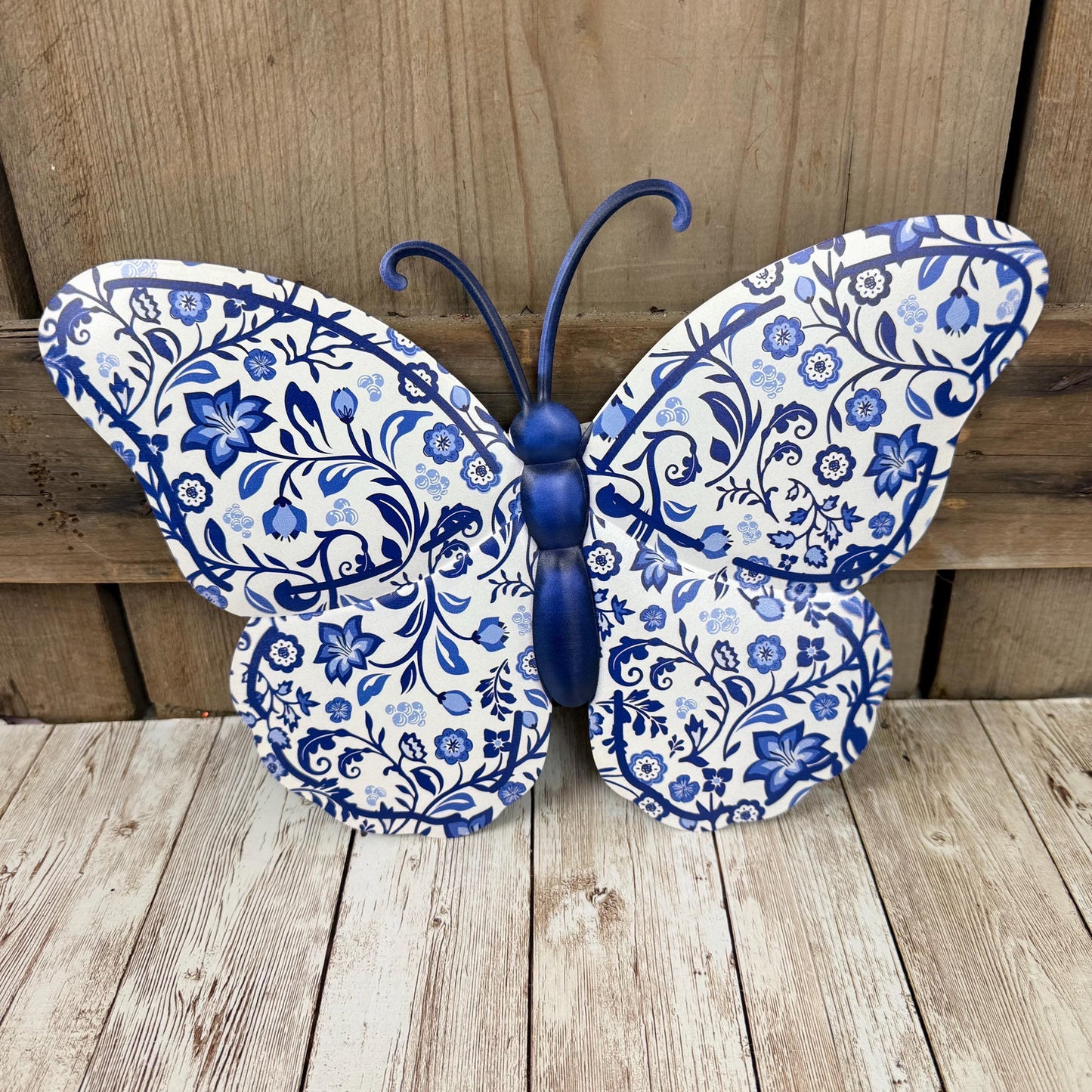 Chinoiserie Butterfly Sign, Blue and White Chinoiserie Embossed Metal Sign, Spring Front Door, Butterfly Decor