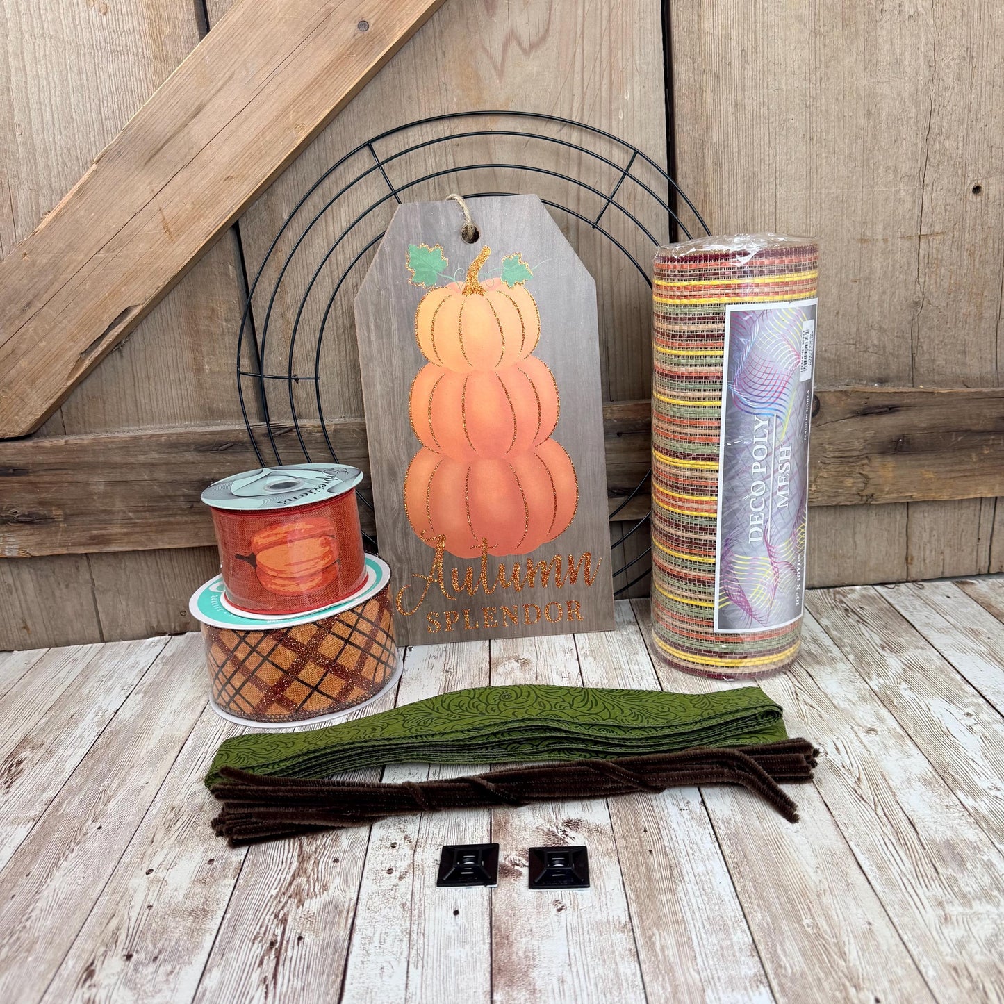 Fall Pumpkin Wreath Kit, Thin Fall Wreath Kit, Autumn Splendor Stacked Pumpkin Wreath Kit, Fall Beige and Orange Ribbon Mesh and Sign Bundle