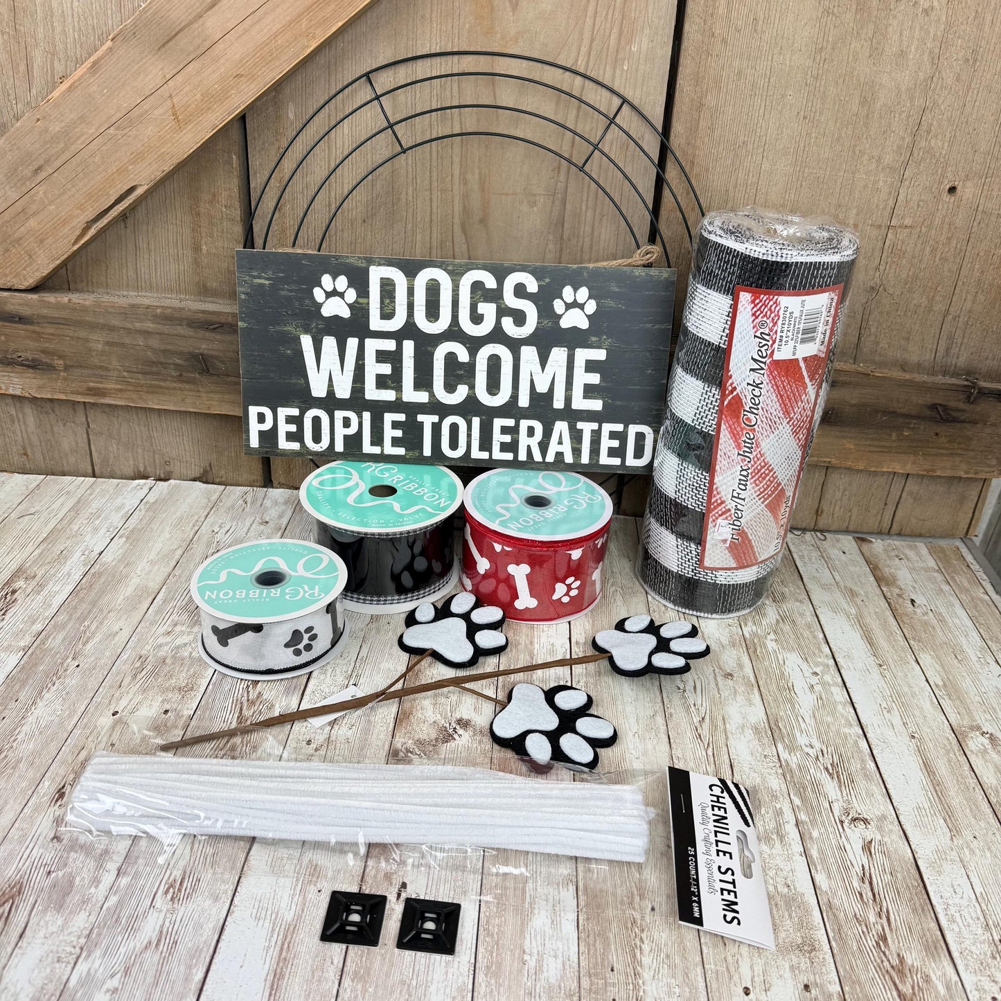 Dog Wreath Kit, "Dogs Welcome, People Tolerated" Sign, Black Red and White Dog Themed Decor, Make Your Own Dog Wreath Kit, Dog Mom Dad Gift