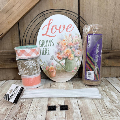 Spring Thin Wreath Kit, Love Grows Here Wreath Kit, Spring Easy DIY Wall Decoration, Beginner Front Door Decor Kit, Floral and Ribbon Bundle