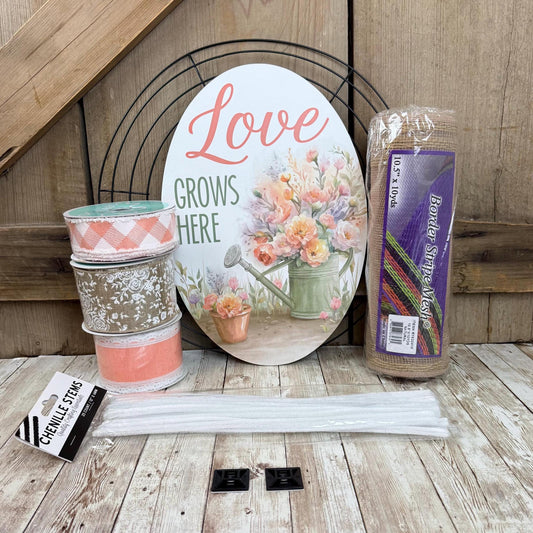 Spring Thin Wreath Kit, Love Grows Here Wreath Kit, Spring Easy DIY Wall Decoration, Beginner Front Door Decor Kit, Floral and Ribbon Bundle