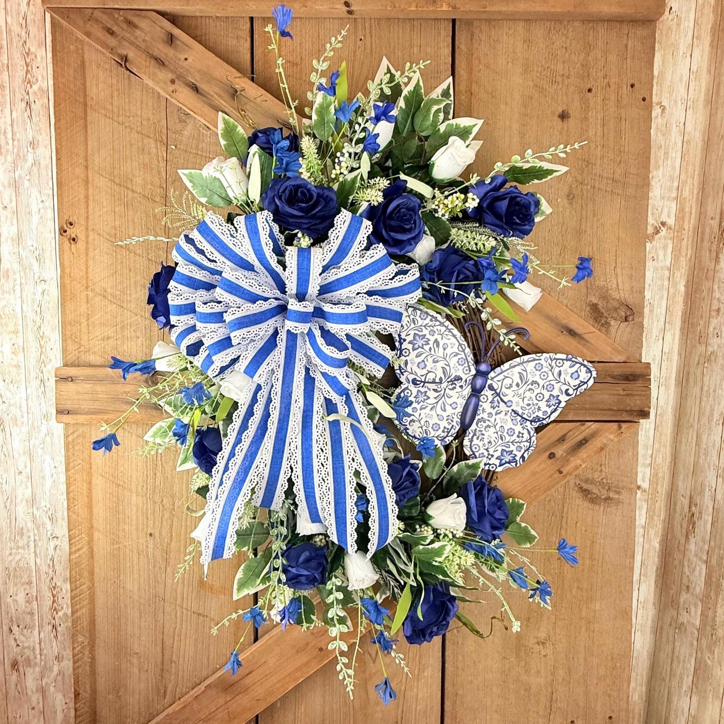 Butterfly Grapevine Kit WITH VIDEO, Blue and White Chinoiserie Butterfly Wreath Kit, Spring DIY Wall Decoration, Grapevine Floral Bundle