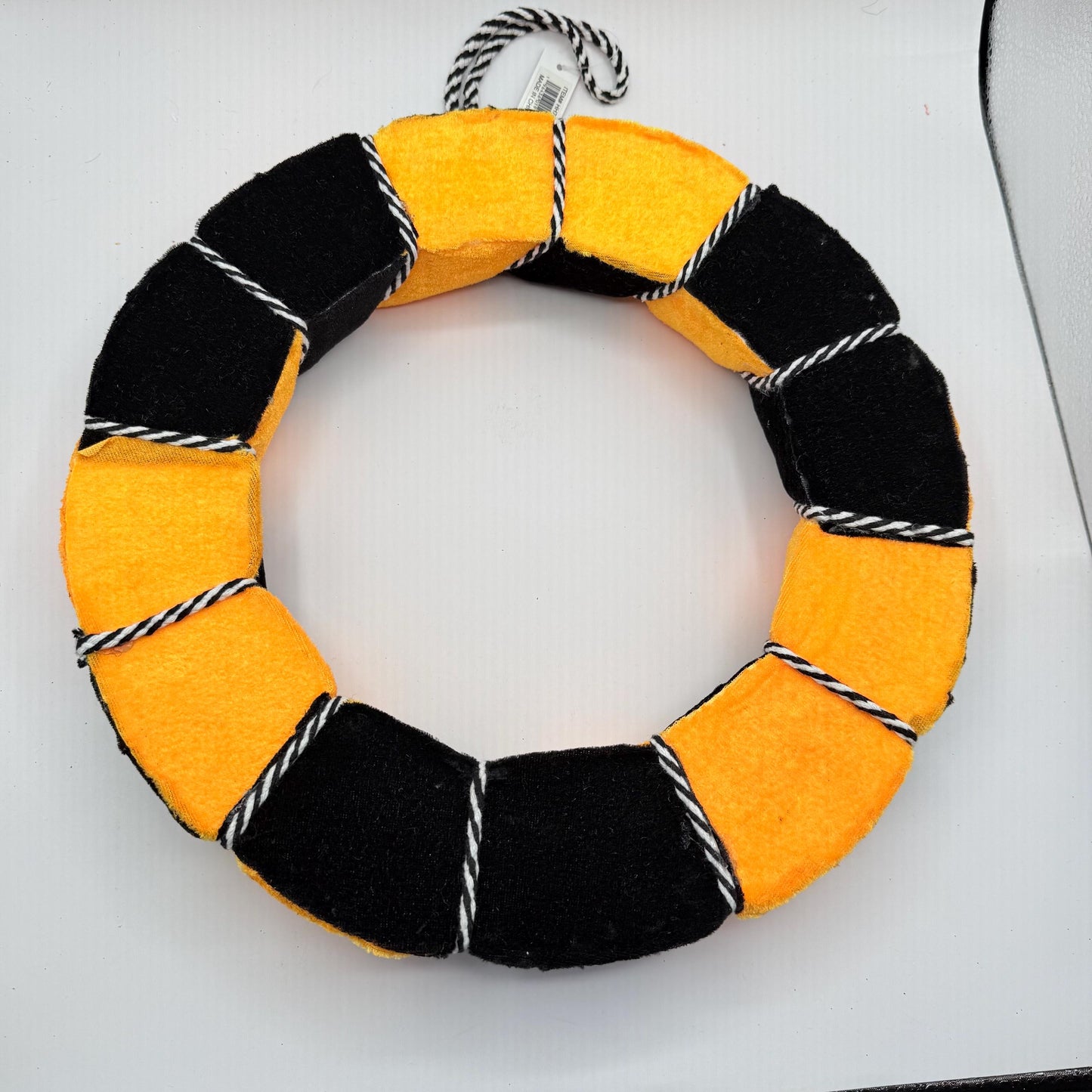 Orange and Black Halloween Wreath Form, 13” Velvety-Feel Fabric Wreath Ring with Black and White Cording, Halloween Wreath Ring, HH7458F4