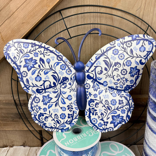 Chinoiserie Butterfly Thin Wreath Kit, DIY Mesh Wreath Kit, Do It Yourself Everyday Door Decor, Blue and White Chinoiserie Spring Front Door