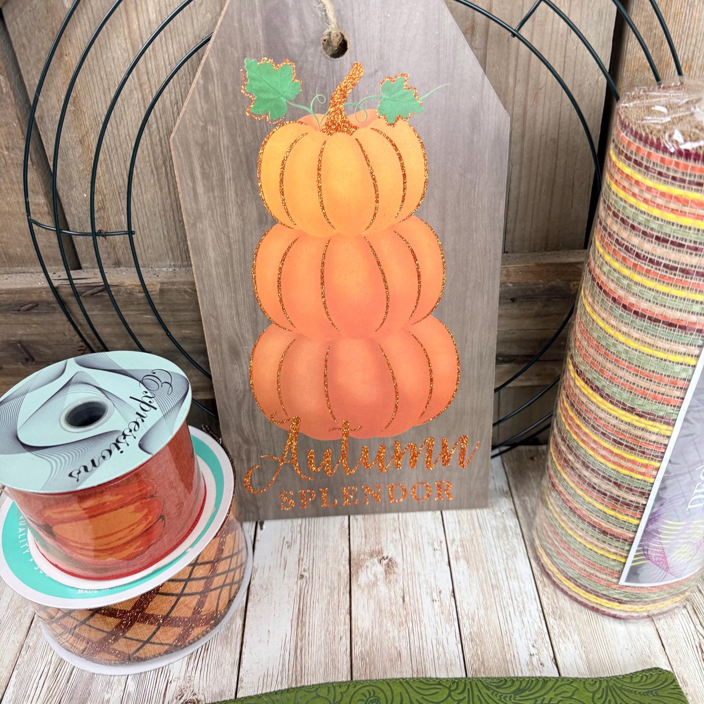 Fall Pumpkin Wreath Kit, Thin Fall Wreath Kit, Autumn Splendor Stacked Pumpkin Wreath Kit, Fall Beige and Orange Ribbon Mesh and Sign Bundle