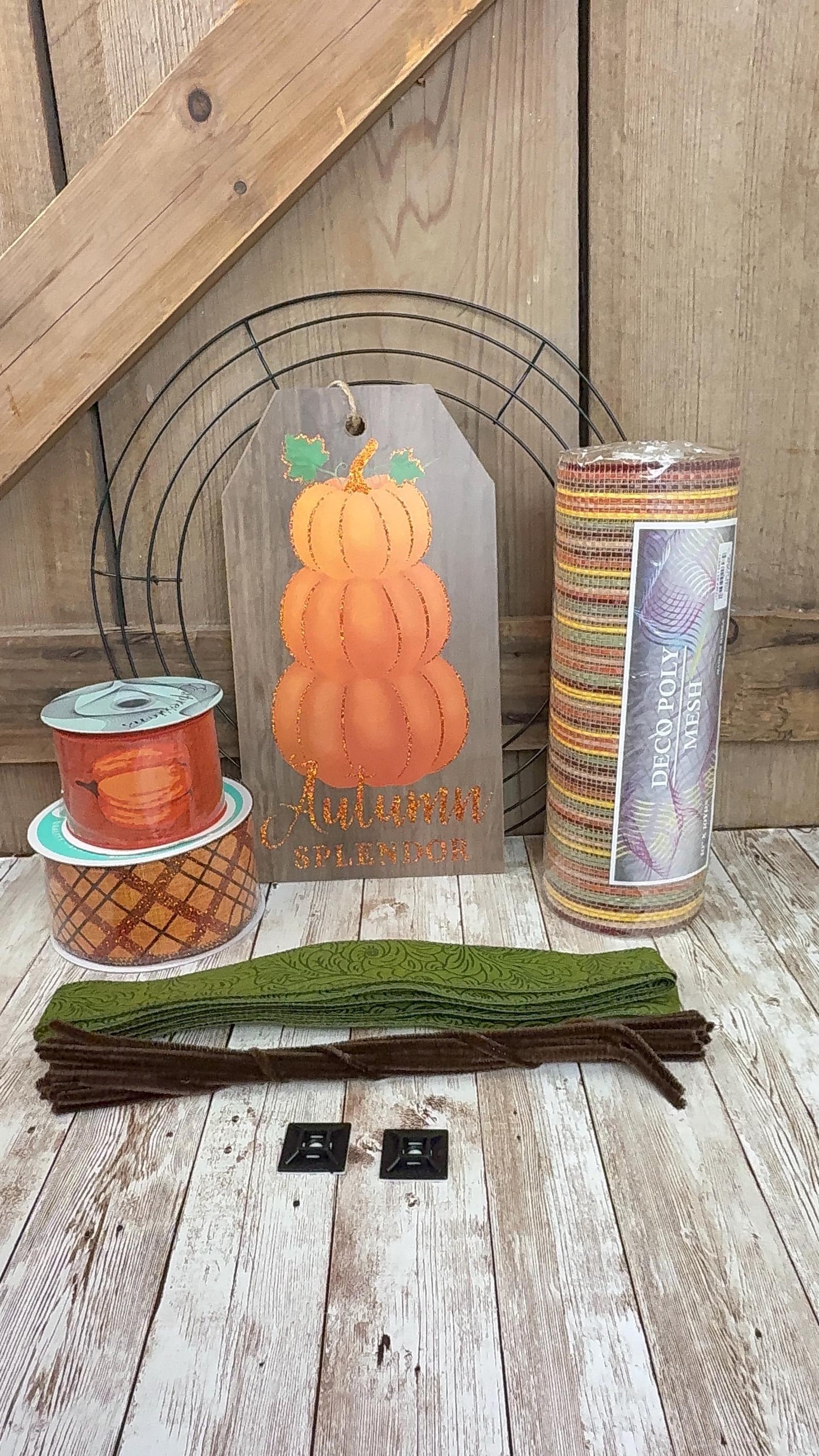 Fall Pumpkin Wreath Kit, Thin Fall Wreath Kit, Autumn Splendor Stacked Pumpkin Wreath Kit, Fall Beige and Orange Ribbon Mesh and Sign Bundle