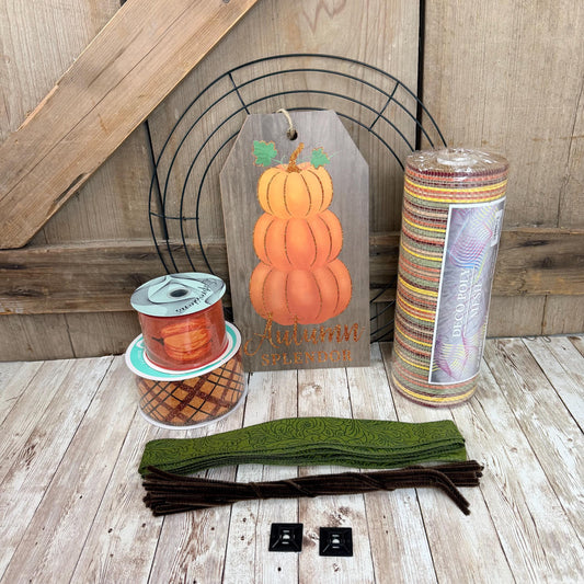 Fall Pumpkin Wreath Kit, Thin Fall Wreath Kit, Autumn Splendor Stacked Pumpkin Wreath Kit, Fall Beige and Orange Ribbon Mesh and Sign Bundle