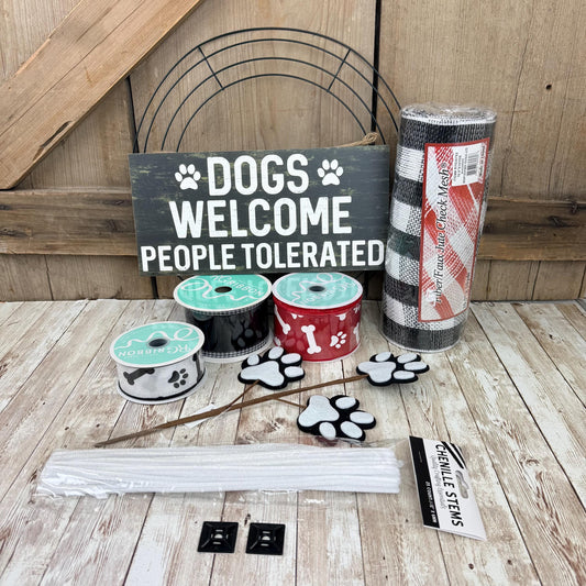 Dog Wreath Kit, "Dogs Welcome, People Tolerated" Sign, Black Red and White Dog Themed Decor, Make Your Own Dog Wreath Kit, Dog Mom Dad Gift