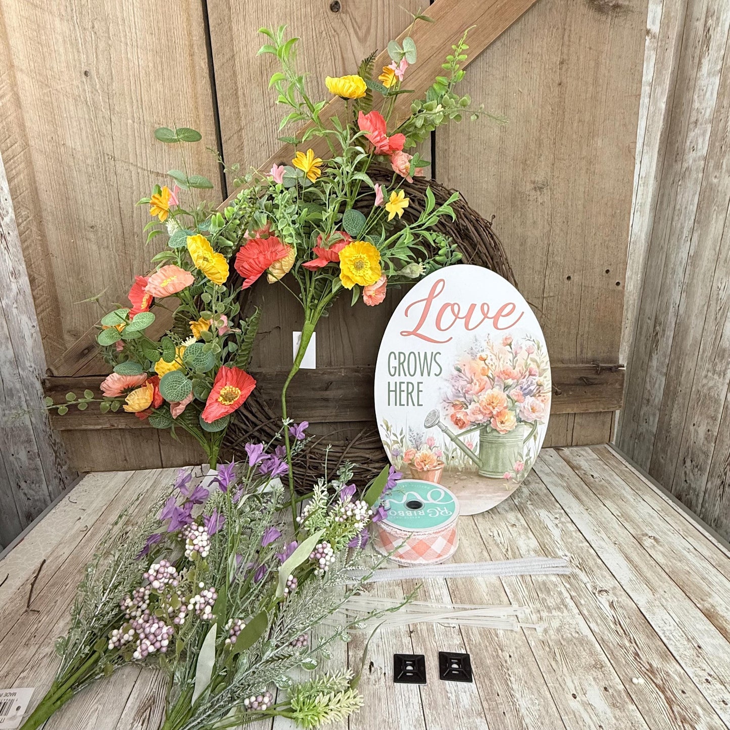 Beginner Grapevine Kit WITH VIDEO, Love Grows Here Floral Wreath Kit, Spring Easy DIY Wall Decoration, Grapevine Floral and Ribbon Bundle