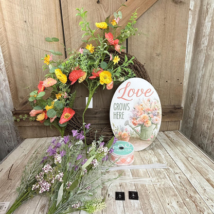 Beginner Grapevine Kit WITH VIDEO, Love Grows Here Floral Wreath Kit, Spring Easy DIY Wall Decoration, Grapevine Floral and Ribbon Bundle
