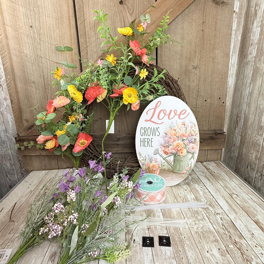 Beginner Grapevine Kit WITH VIDEO, Love Grows Here Floral Wreath Kit, Spring Easy DIY Wall Decoration, Grapevine Floral and Ribbon Bundle