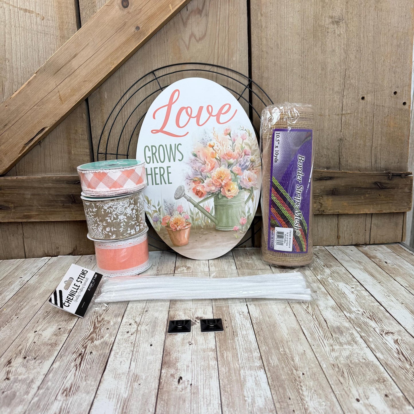 Spring Thin Wreath Kit, Love Grows Here Wreath Kit, Spring Easy DIY Wall Decoration, Beginner Front Door Decor Kit, Floral and Ribbon Bundle