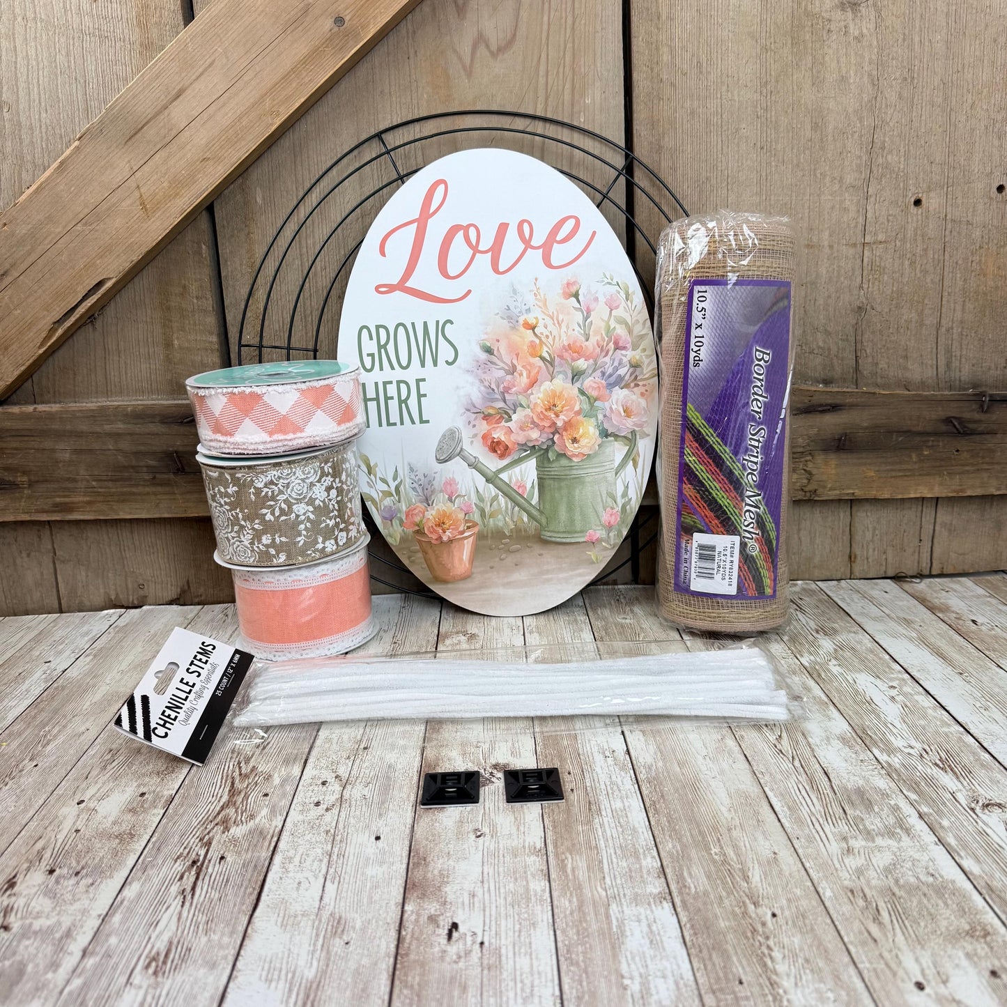 Spring Thin Wreath Kit, Love Grows Here Wreath Kit, Spring Easy DIY Wall Decoration, Beginner Front Door Decor Kit, Floral and Ribbon Bundle
