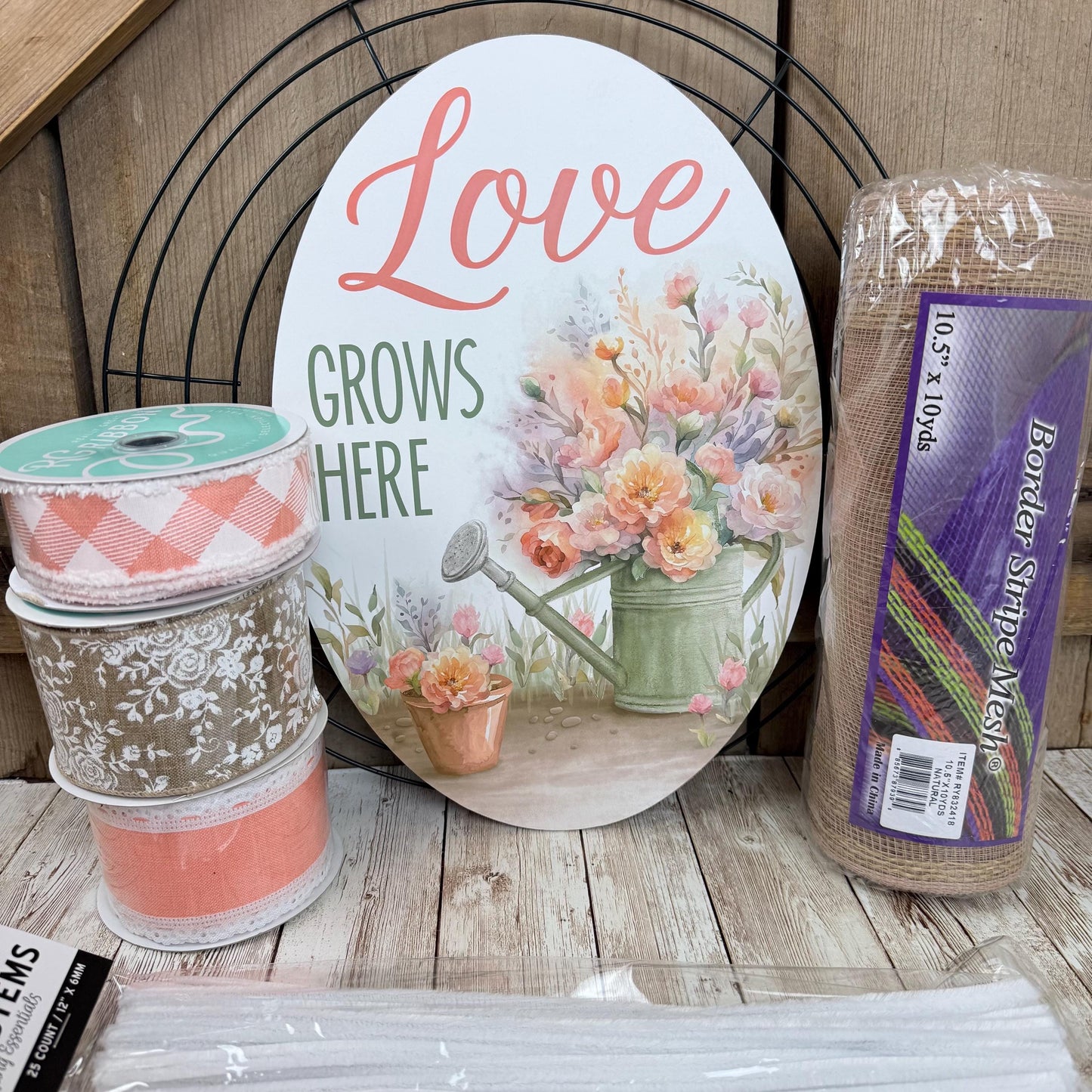 Spring Thin Wreath Kit, Love Grows Here Wreath Kit, Spring Easy DIY Wall Decoration, Beginner Front Door Decor Kit, Floral and Ribbon Bundle