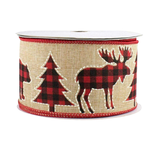 2.5" x 10 Yd Buffalo Plaid Ribbon: Natural Beige with Red and Black Trees Bear and Moose, Rustic Christmas Ribbon for Wreaths Bows RG01721AY