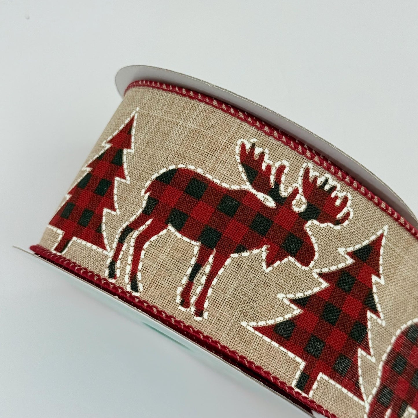 2.5" x 10 Yd Buffalo Plaid Ribbon: Natural Beige with Red and Black Trees Bear and Moose, Rustic Christmas Ribbon for Wreaths Bows RG01721AY