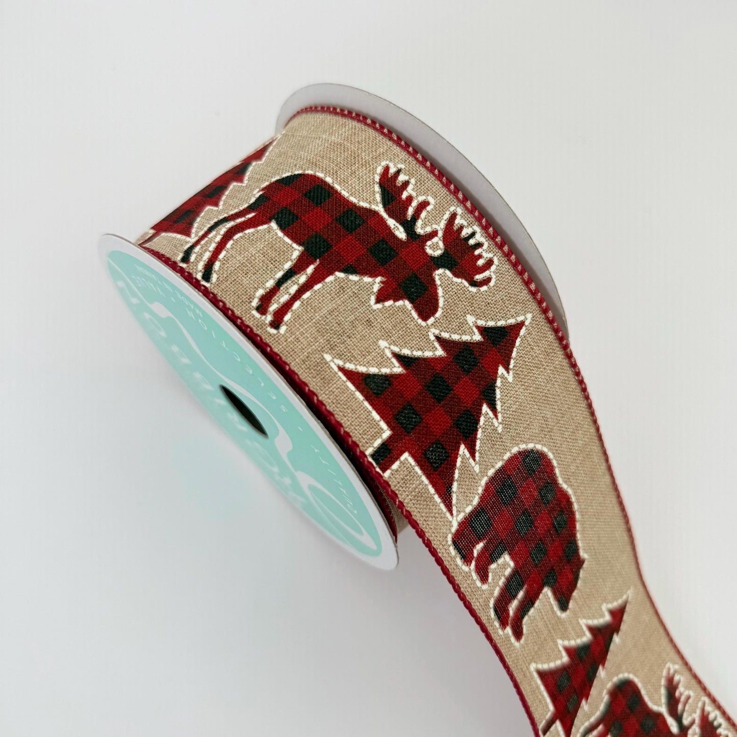 2.5" x 10 Yd Buffalo Plaid Ribbon: Natural Beige with Red and Black Trees Bear and Moose, Rustic Christmas Ribbon for Wreaths Bows RG01721AY