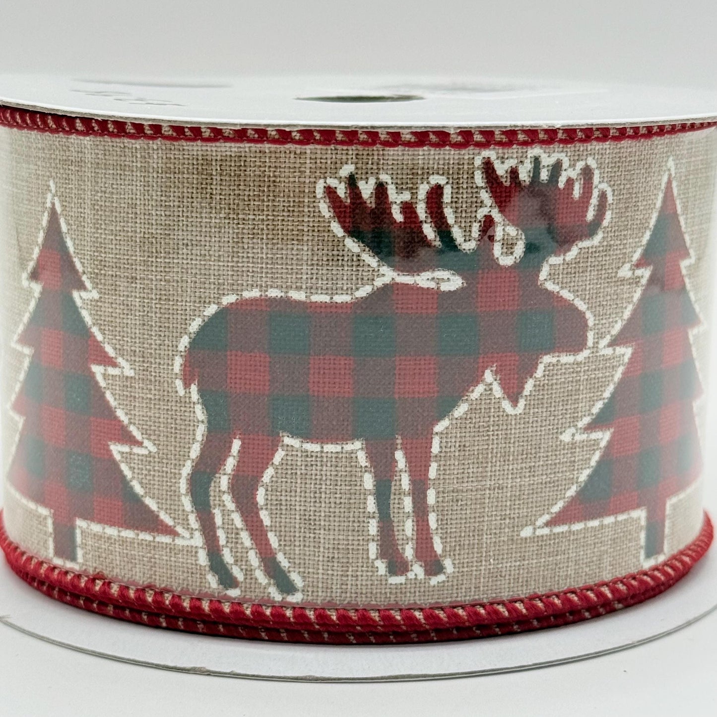 2.5" x 10 Yd Buffalo Plaid Ribbon: Natural Beige with Red and Black Trees Bear and Moose, Rustic Christmas Ribbon for Wreaths Bows RG01721AY