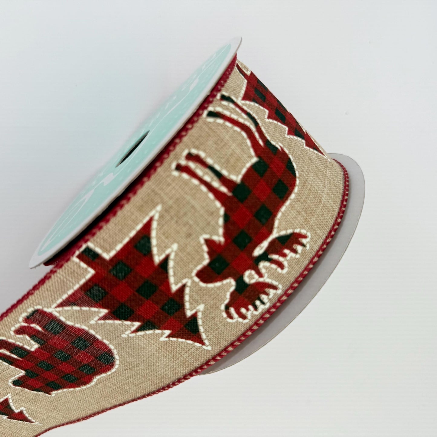 2.5" x 10 Yd Buffalo Plaid Ribbon: Natural Beige with Red and Black Trees Bear and Moose, Rustic Christmas Ribbon for Wreaths Bows RG01721AY