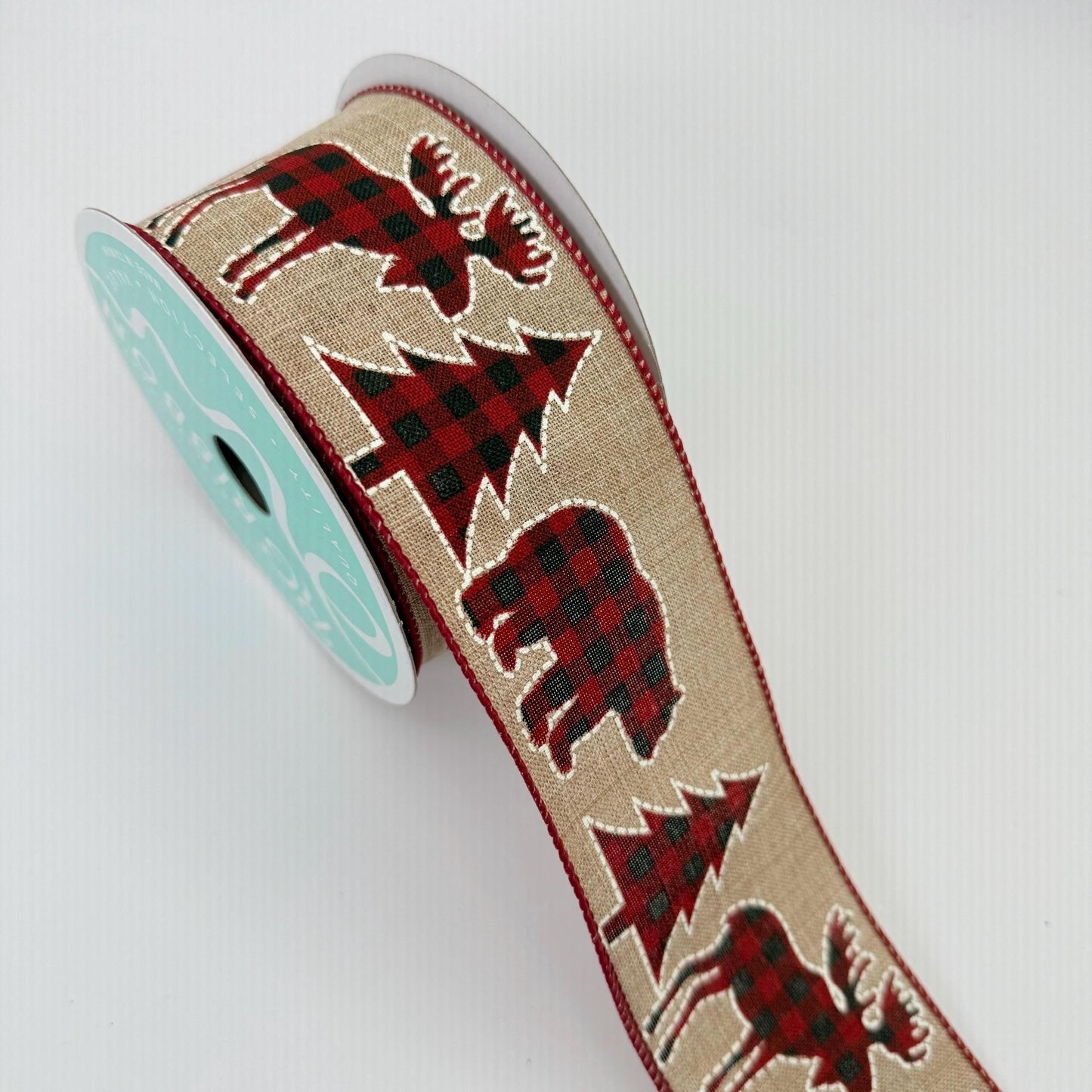 2.5" x 10 Yd Buffalo Plaid Ribbon: Natural Beige with Red and Black Trees Bear and Moose, Rustic Christmas Ribbon for Wreaths Bows RG01721AY