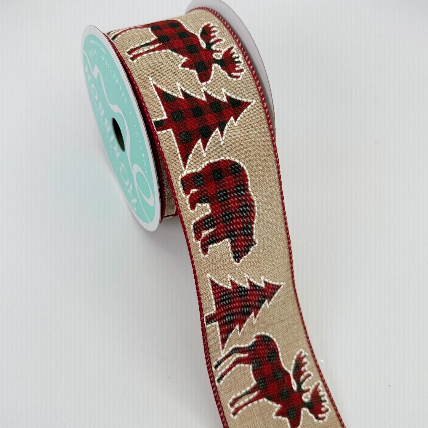 2.5" x 10 Yd Buffalo Plaid Ribbon: Natural Beige with Red and Black Trees Bear and Moose, Rustic Christmas Ribbon for Wreaths Bows RG01721AY
