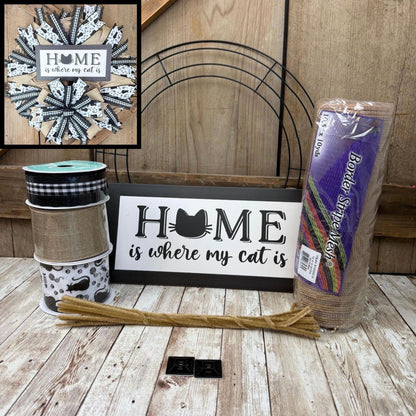 Cat Themed Thin Wreath Kit, Home Is Where My Cat Is, Farmhouse DIY Storm Door Wreath Kit, Cat Mom or Dad Gift, Kitty Decoration, Cat Decor