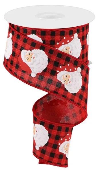 Vintage Santa Head Ribbon, Red and Black Check Christmas Ribbon, Santa Claus Holiday Decoration, Wreath Bow Ribbon, 2.5” by 10yd RGC165324