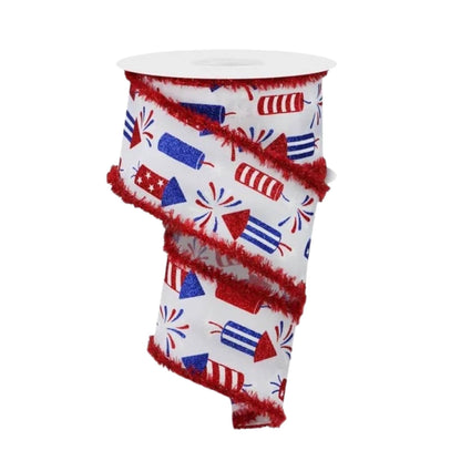 White Firecrackers Ribbon with Red Tinsel Edge, Red White & Blue Fourth of July Ribbon, Patriotic Wreath Supply, 2.5” by 10 yards, RGA868927