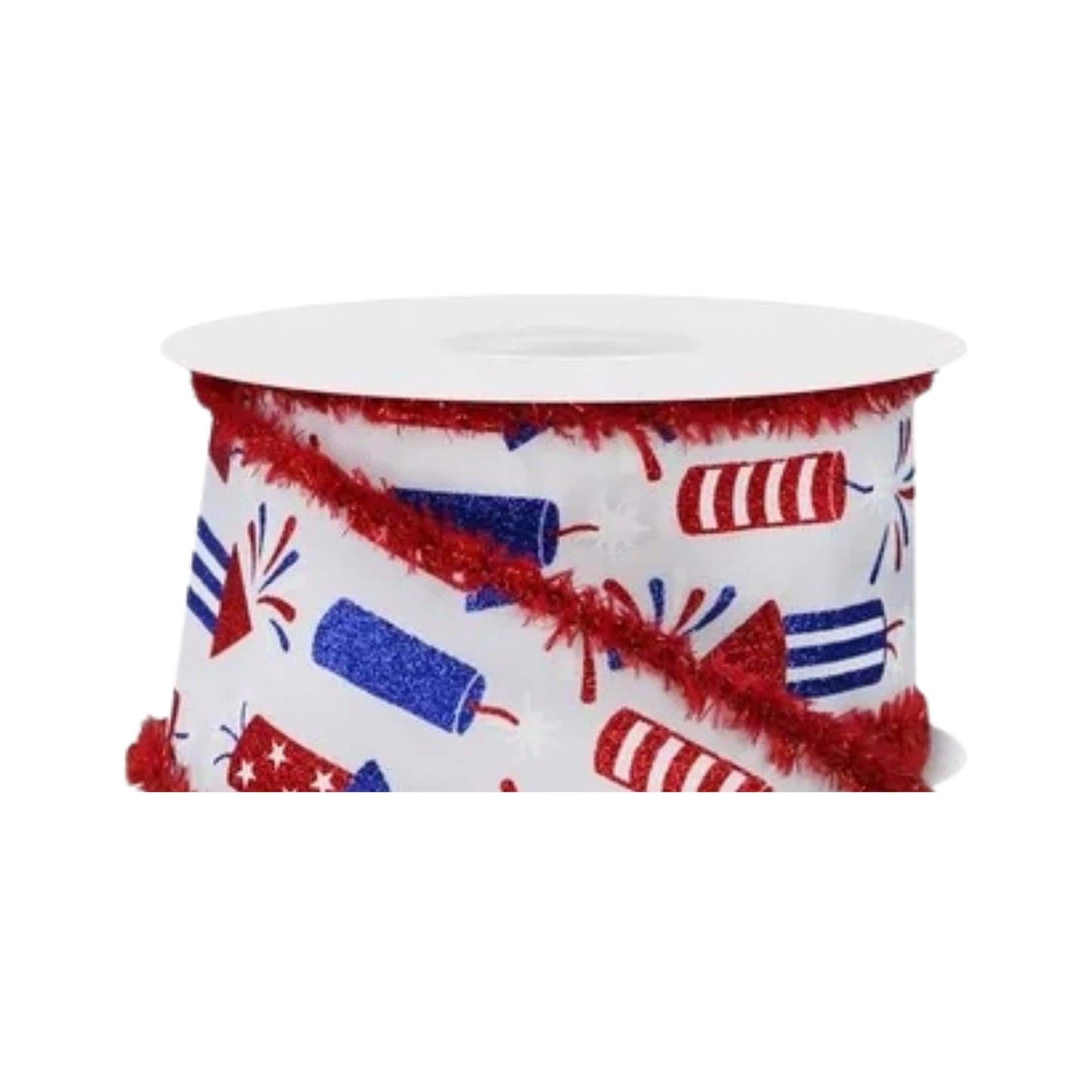 White Firecrackers Ribbon with Red Tinsel Edge, Red White & Blue Fourth of July Ribbon, Patriotic Wreath Supply, 2.5” by 10 yards, RGA868927
