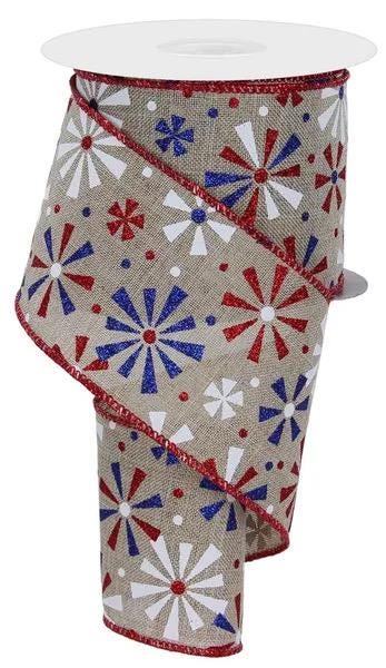 Patriotic Vintage Pinwheel Ribbon, Fourth of July Wreath Supply, Natural Beige Ribbon with Red and Blue Glitter, 2.5” by 10yd, RGE115618