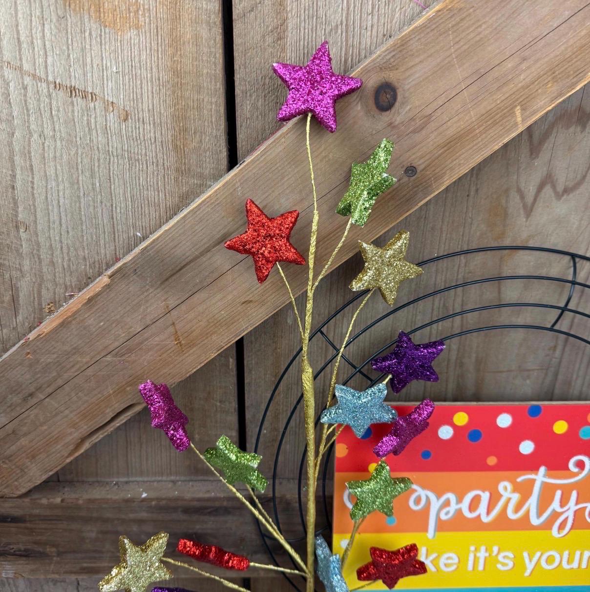 33" L Glitter Eva/Star Pick, Red Pink Purple Blue Lime Green Glitter Star Spray, Fiesta Wreath Embellishment. Birthday Party Decor, MN0245